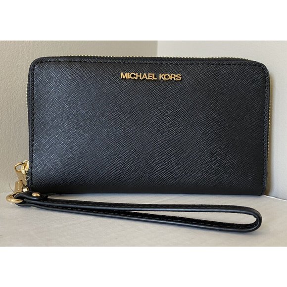 New Michael Kors Jet Set Travel Zip Around Phone Holder Wallet Black with Gold - Picture 7 of 7